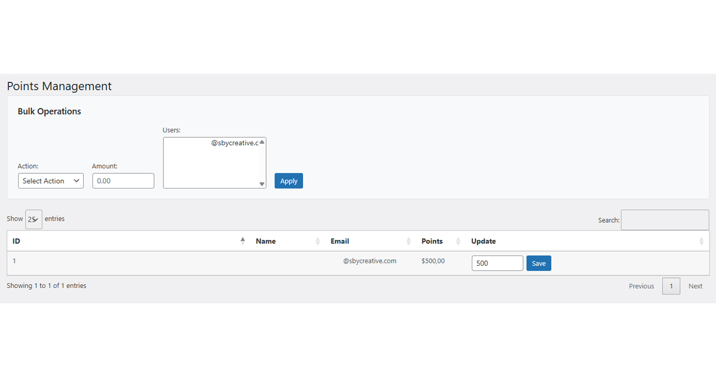 User Reward Management Page